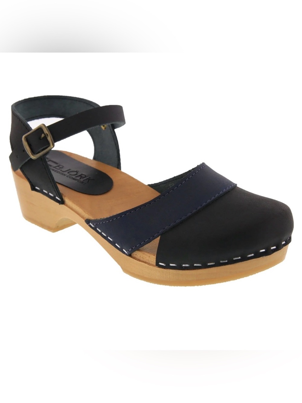 Bjork Swedish Comfort Navy & Black Leather Wood Clog with Ankle Strap 9 (40)